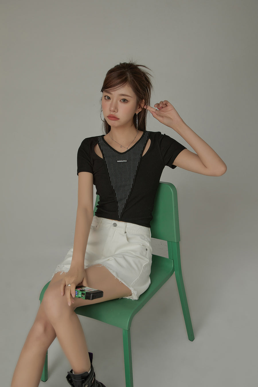 CHUU Slit Ribbed Center Stripes T-Shirt