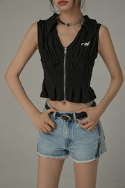 Open Collar V Neck Zip-Up Top