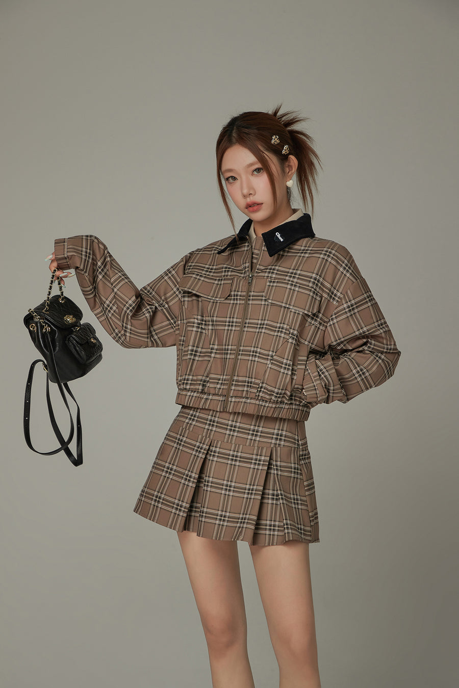 CHUU Logo Collar Check Boxy Jacket