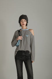 Color One Open Shoulder Stripe T-Shirt