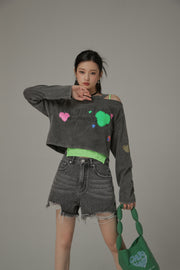 Size Doesnt Matter Open Shoulder Color Hearts Cropped T-Shirt