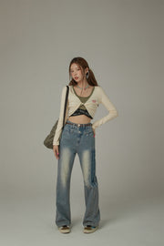 Double Button Vintage Bootcut Denim Jeans