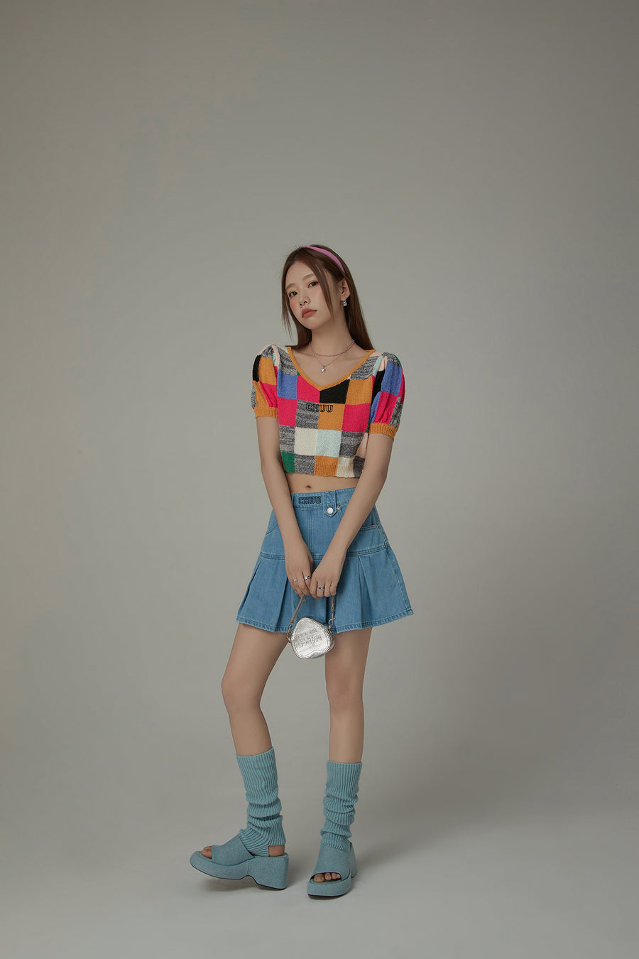 CHUU Color Check Pattern Cropped Knit Top