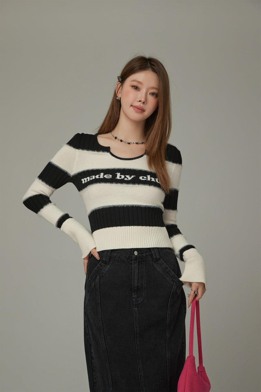 CHUU Logo Color Stripe Knit Sweater