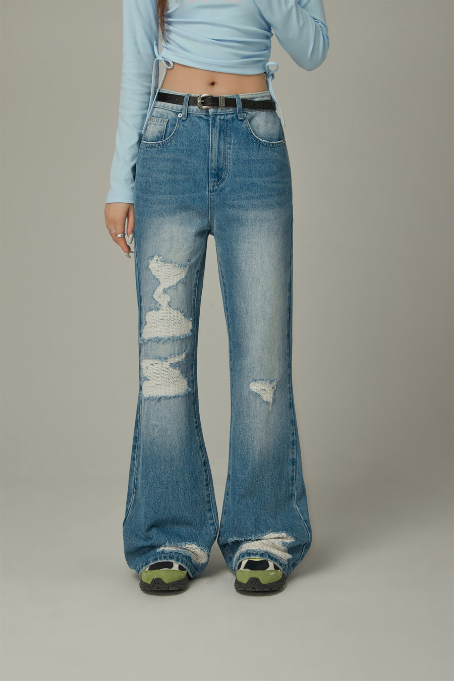 CHUU Distressed Ripped Bootcut Denim Jeans