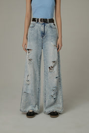 Distressed Straight Wide-Leg Denim Jeans