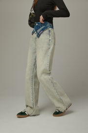 Folded Waist Color Combination Wide Denim Jeans