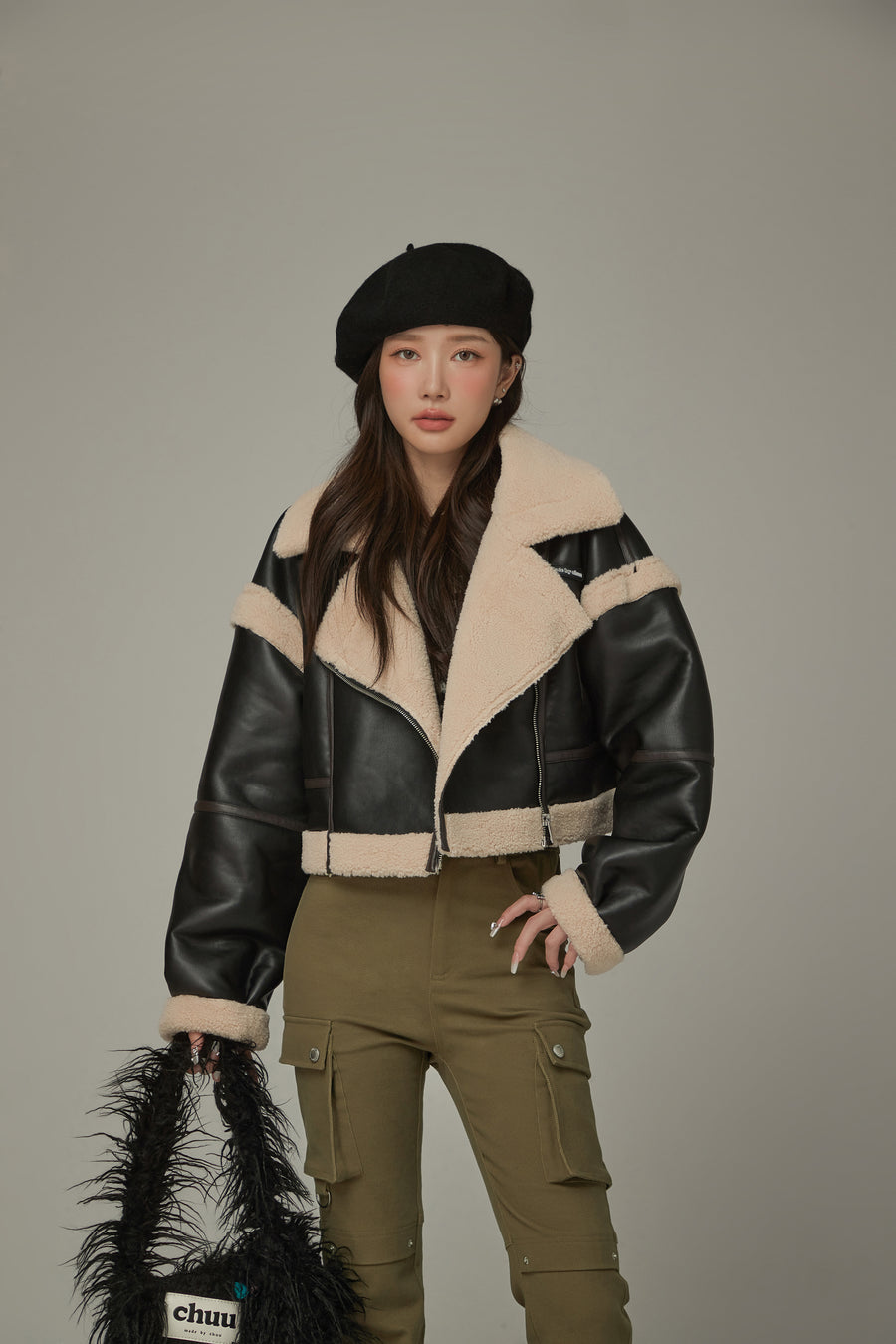 CHUU Collar Leather Crop Jacket