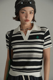 Collar Striped Knit Embroidered Sweater