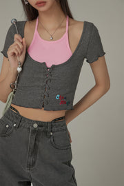 Halter Neck Eyelet Color Blocked T-Shirt