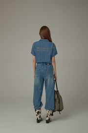 String Embroidered Denim Jumpsuit