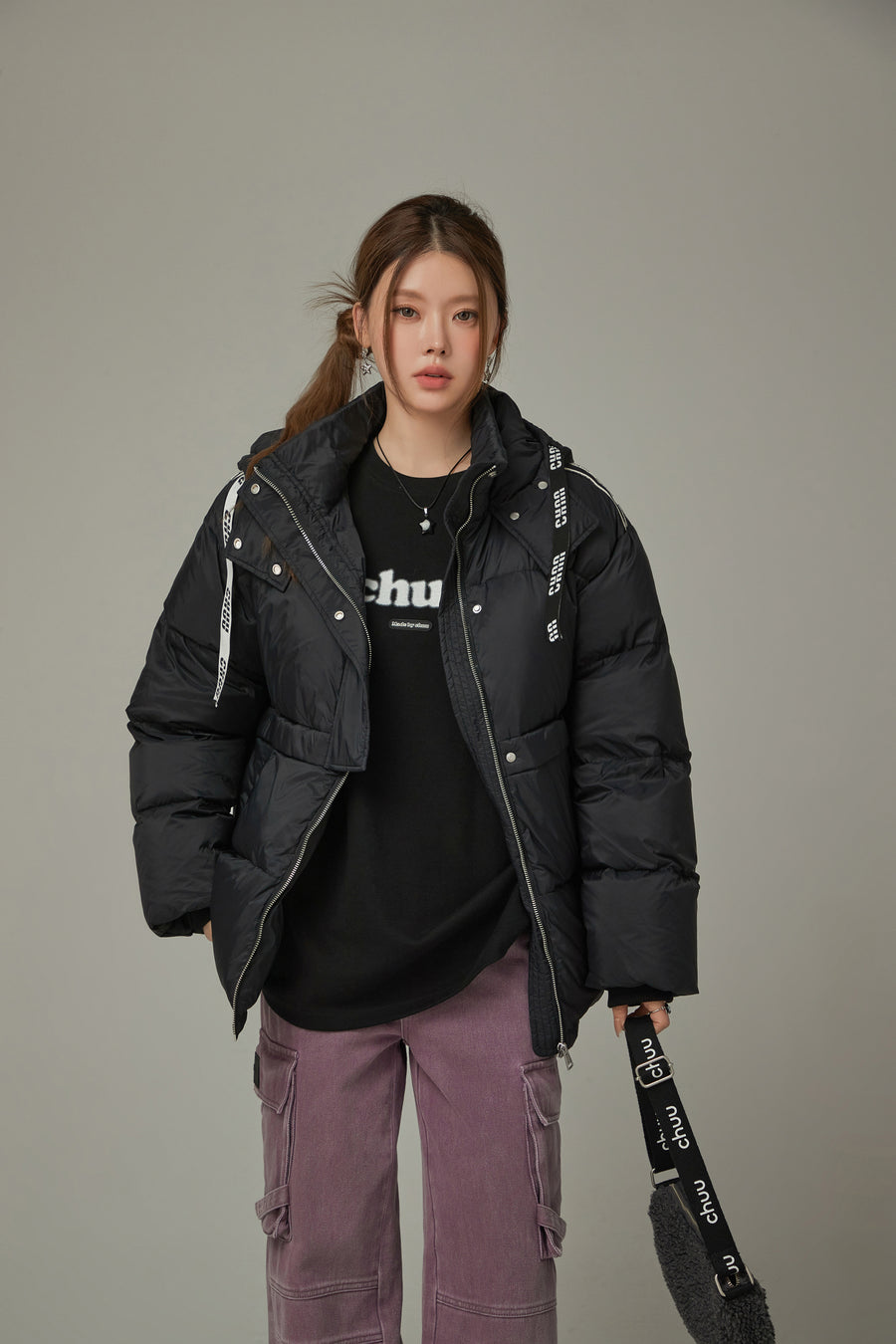 CHUU Logo String Hooded Oversized Padded Jacket