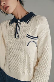 Polo Neck Color Varsity Knit Sweater