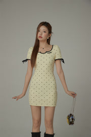 Heart Dot Patten Ribbon Sleeves Mini Dress