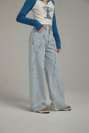 Lined Stitch Wide Denim Pants