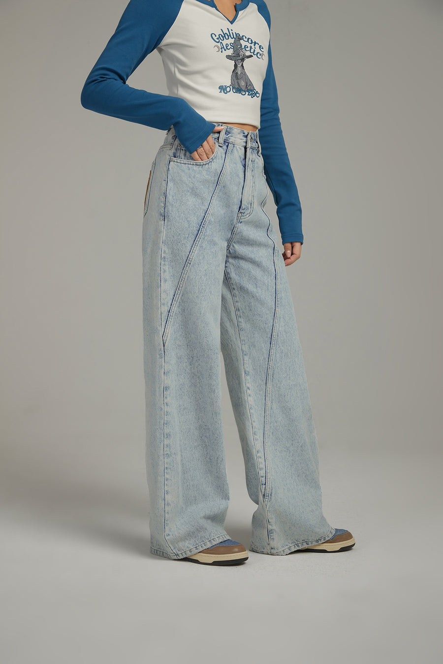 CHUU Lined Stitch Wide Denim Pants