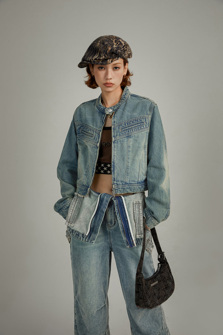 CHUU Neck Button Washed Denim Jacket