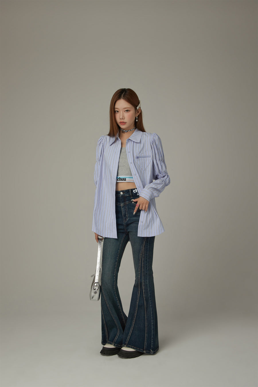 CHUU Heart Pocket Stripe Shirt