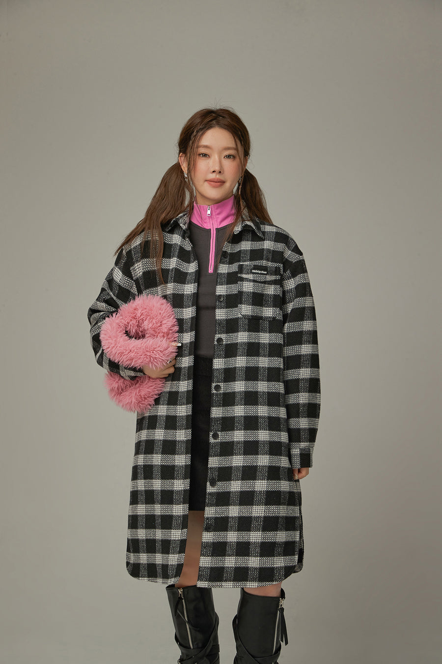 CHUU Check Long Button Coat