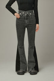 Criss Cross Belt Two Toned Bootcut Denim Pants