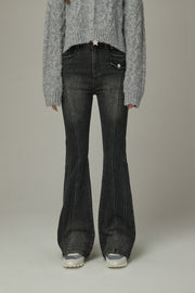 Washed Lined Stitched Semi Bootcut Denim Jeans