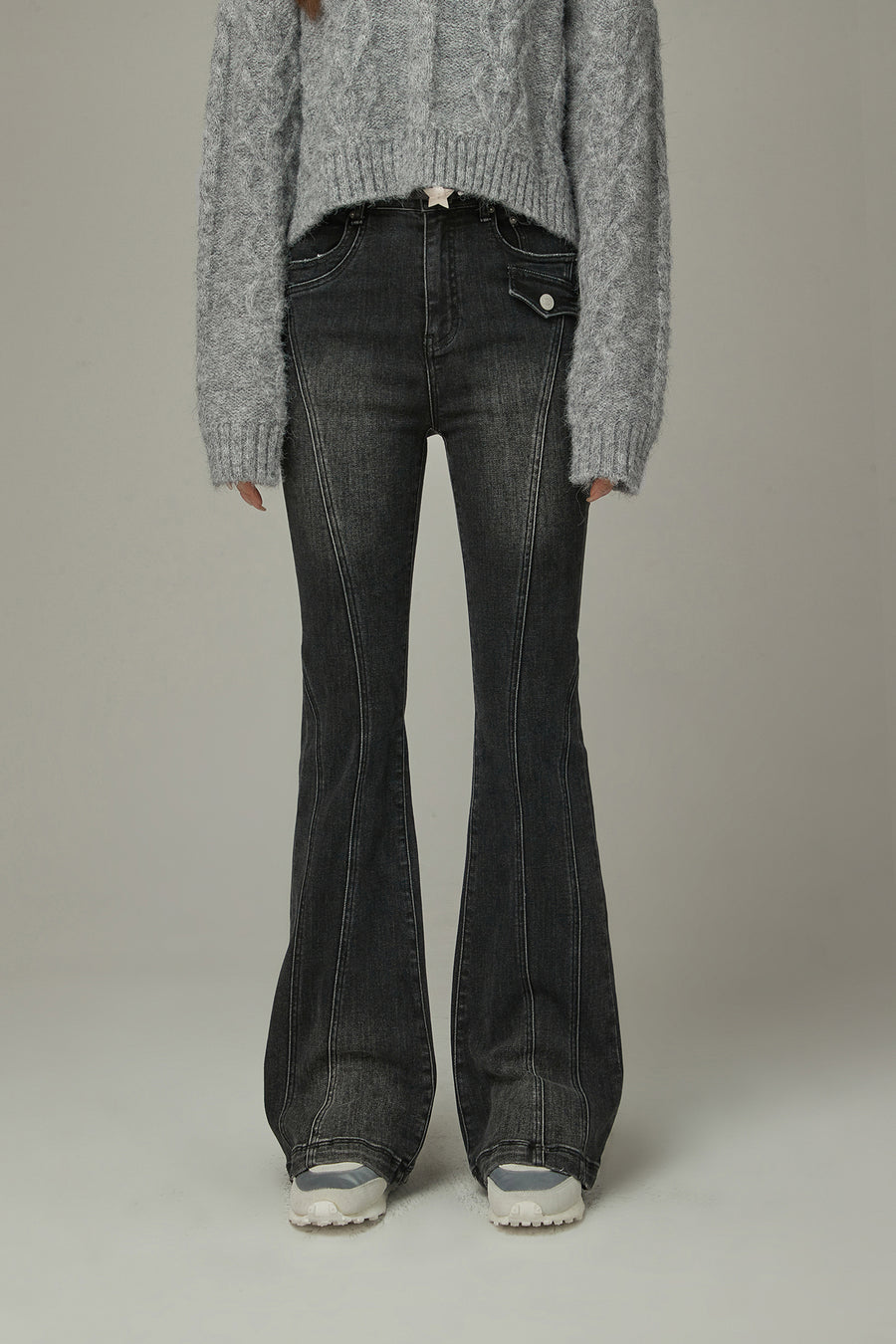 CHUU Washed Lined Stitched Semi Bootcut Denim Jeans