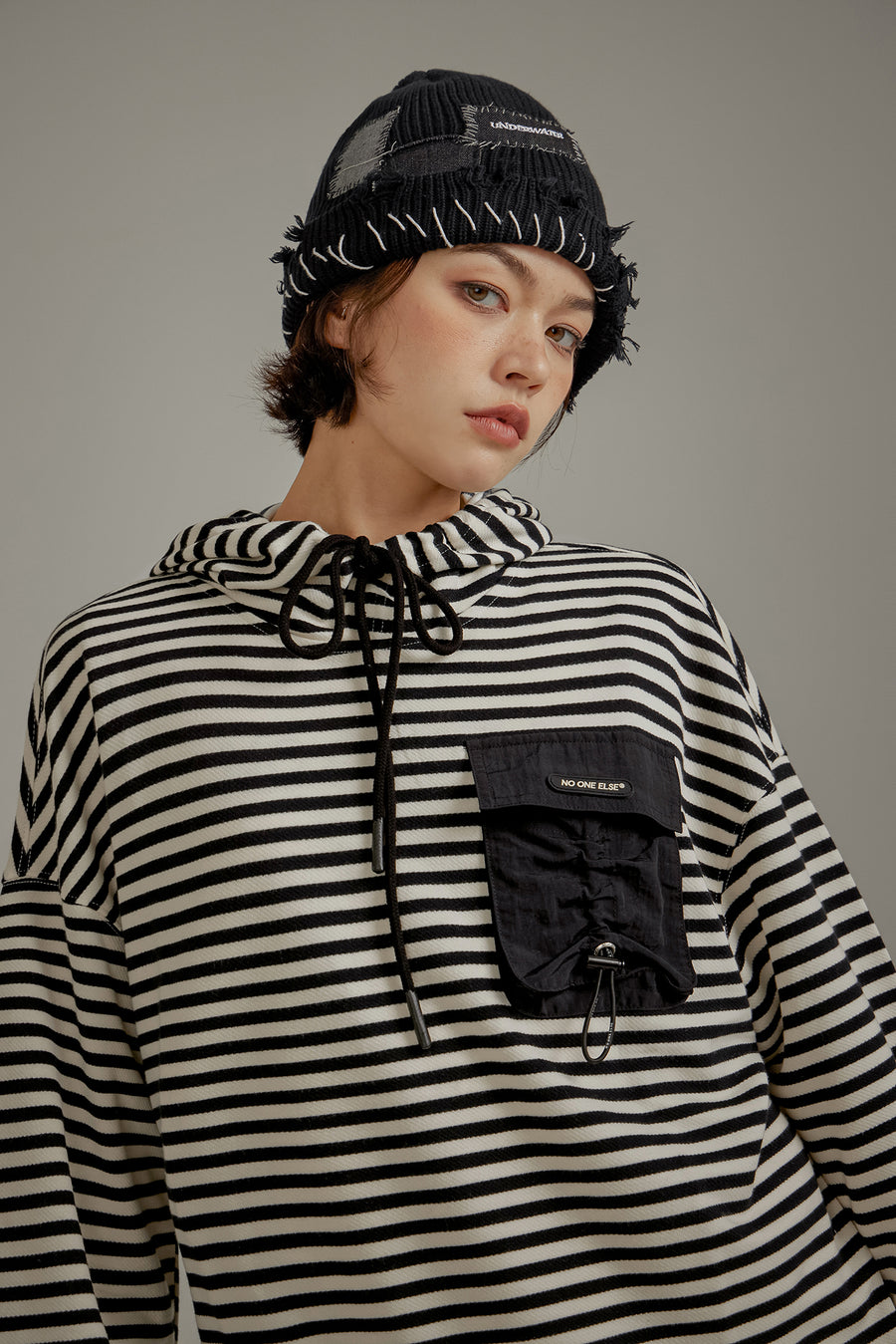 CHUU Striped Pocket Drawstring Hoodie