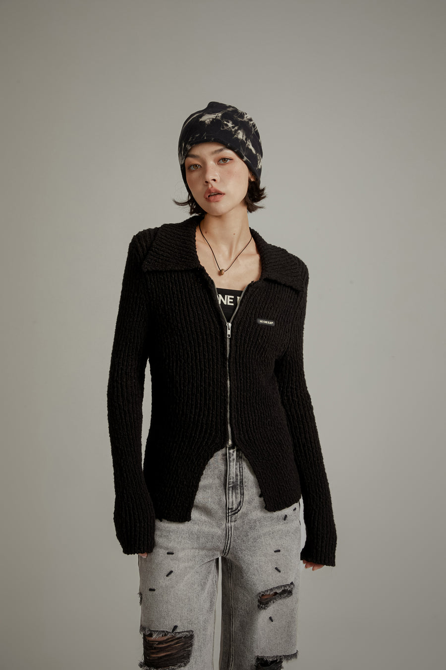 CHUU Simple Ribbed Zip-Up Cardigan