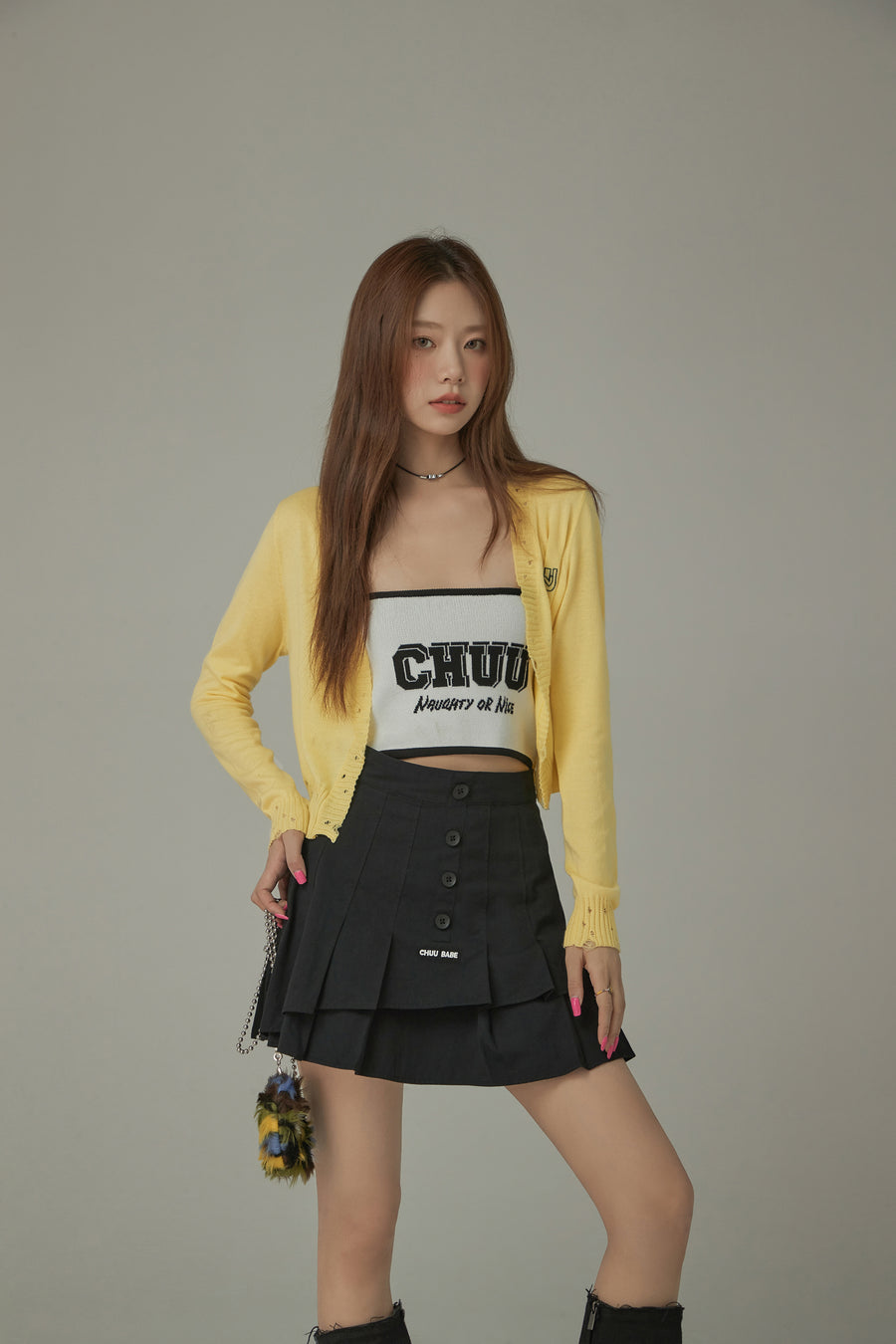 CHUU Logo Distressed Embroidered Cropped Cardigan