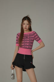 Cherry One Word Short Sleeved Knitted Slim Sweater