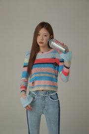 Rainbow Crop Ripped Stripe Knit Sweater