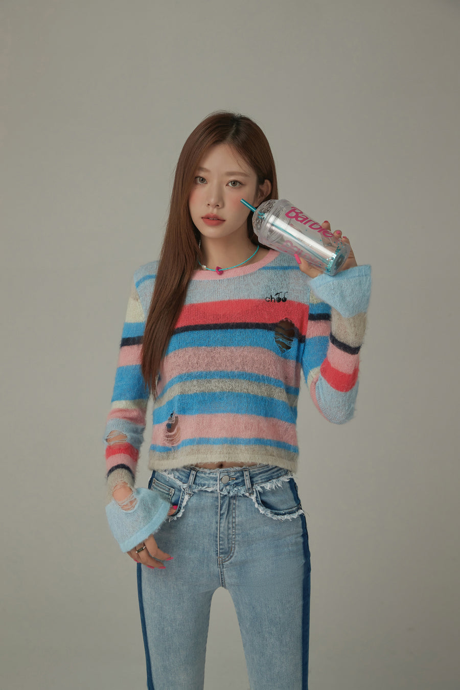 CHUU Rainbow Crop Ripped Stripe Knit Sweater