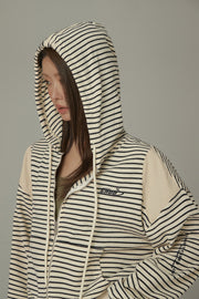 Stripe Hooded Drawstring Loosefit Zip-Up