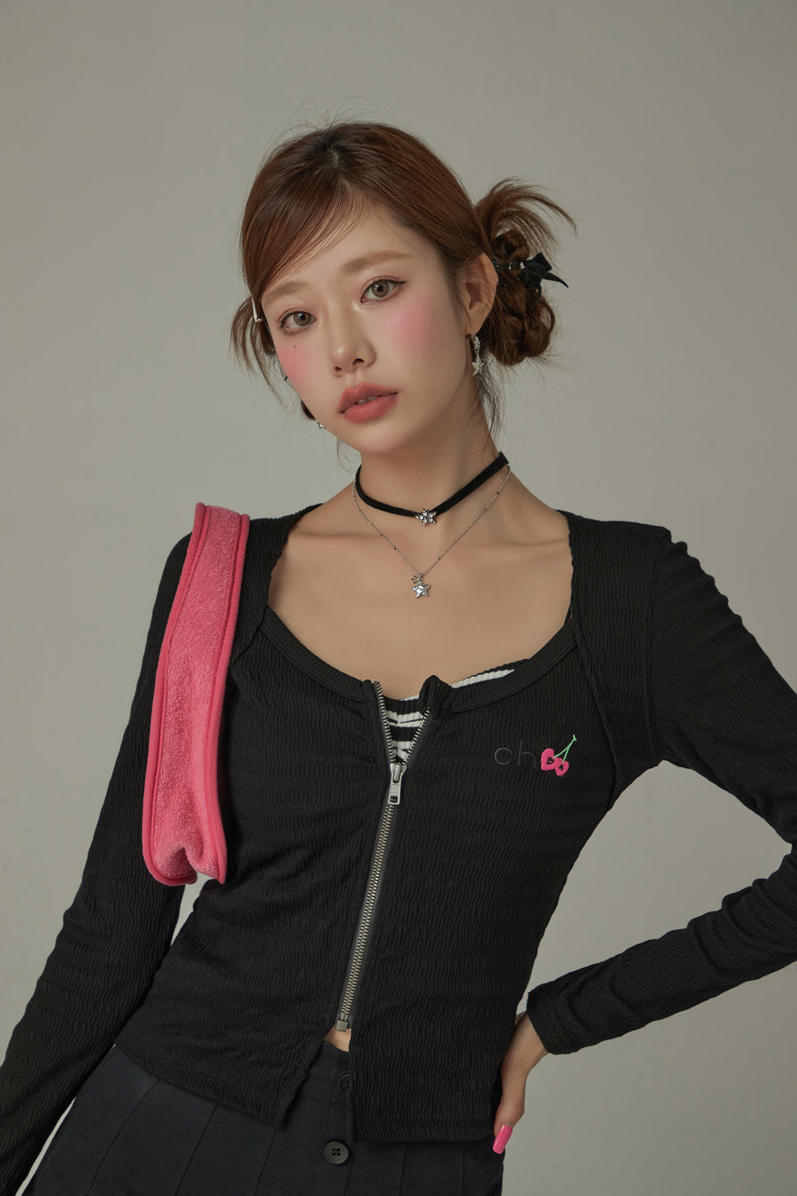 CHUU Cherry Embroidered Logo Zip-Up Top