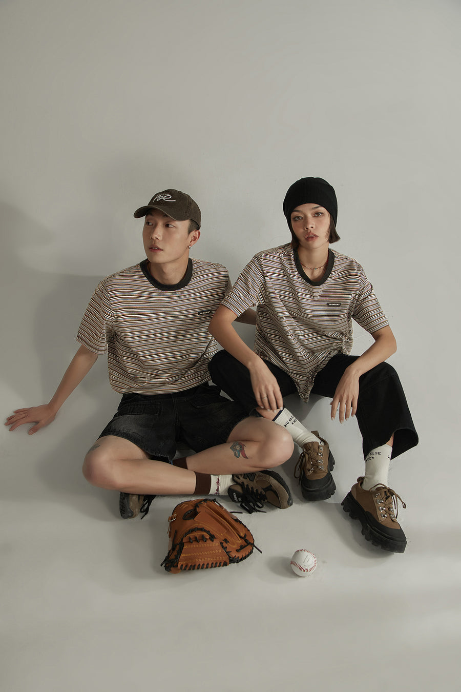 CHUU Striped Slit Shirring String T-Shirt