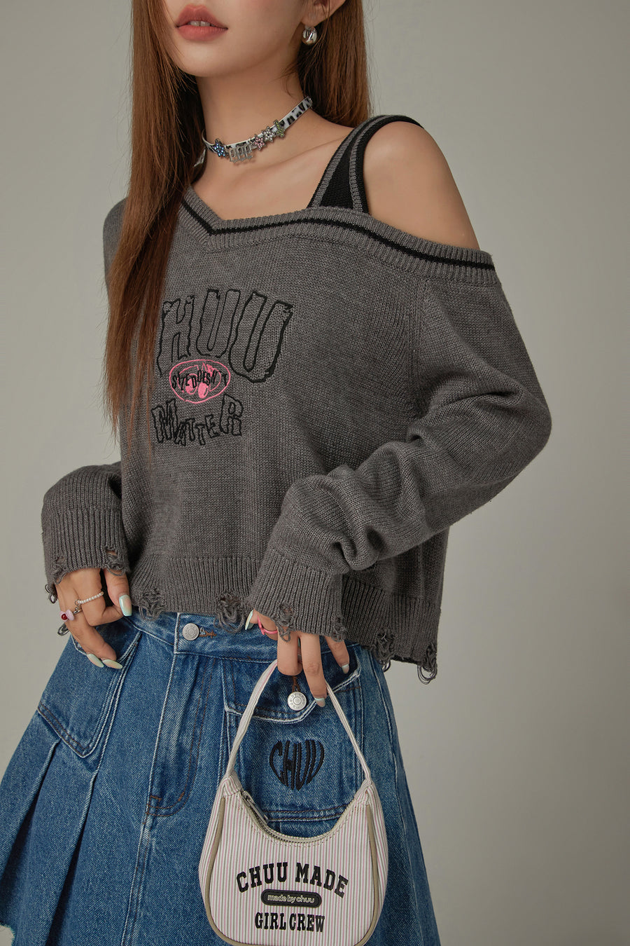 CHUU One Shoulder Cropped Loose Fit Knit Sweater