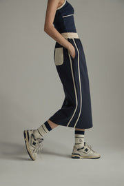 Elastic Waist Contrast Color Slit Mid Length Sporty Skirt