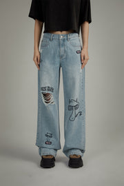 Mushroom Design Ripped Wide Denim Jeans