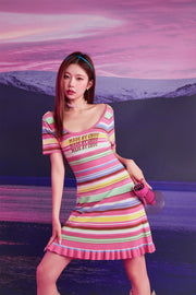 Rainbow Stripe Lettering Ruffle Hem Knit Dress