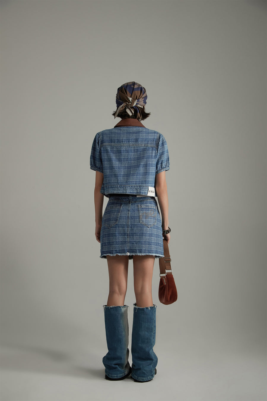 CHUU Vintage Check Puffy Short Sleeve Denim Jacket