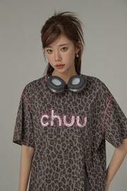 Leopard Side Slit Lettering Loose Fit Mid Length T-Shirt