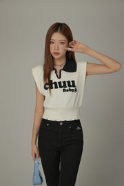 Logo Open Collar Cropped Knit Top