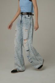 Distressed Straight Wide-Leg Denim Jeans