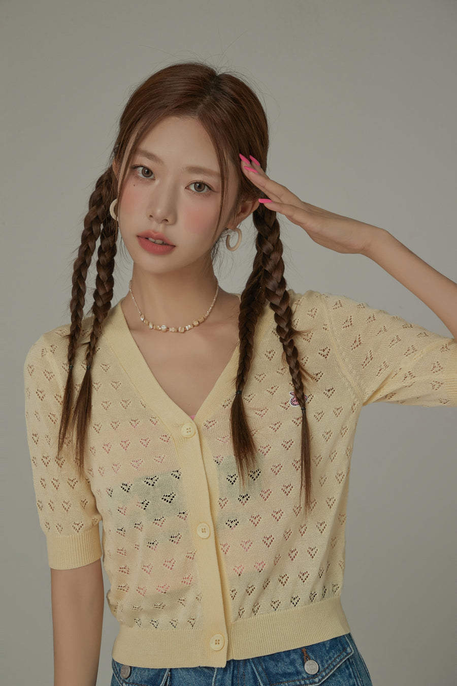 CHUU Heart Eyelet Short Sleeves Knit Cardigan