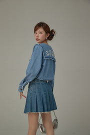 Embroidered Raw Edge Logo Sailor Denim Jacket