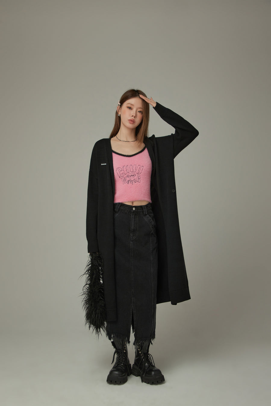 CHUU Slit Wrap Button Knit Long Cardigan