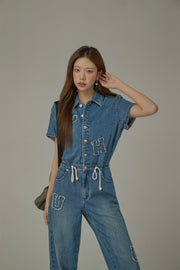 String Embroidered Denim Jumpsuit