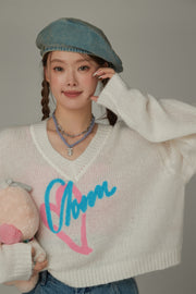 Logo Heart V-Neck Knit Sweater