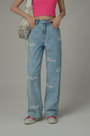 Embroidered Lettering Straight Jeans