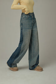 Cut Patchwork Hem Two Toned Denim Jeans